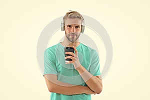 image of man millennial in headphones. man millennial in headphones isolated on white.