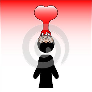 Image of a man possessed by feelings. A heart that has taken root in the brain. Vector illustration