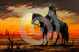 Image of man riding horse in the desert. Generative AI