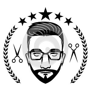 Image of a man\'s face. Vintage style. Can be used as a barbershop logo