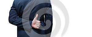 Image of a man`s hands showing ok sign on a white background. Back view. Business concept