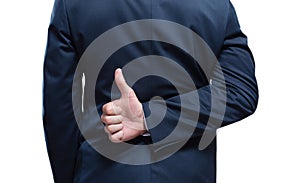 Image of a man`s hands showing ok sign on a white background. Back view. Business concept