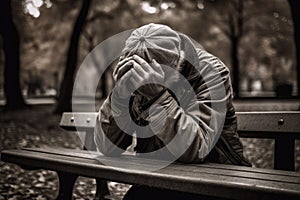 Image Of Man Sitting On Park Bench With His Head Down And Hands Covering His Face, Appearing To Be In Despair Or Sadness.
