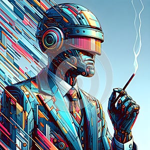 An image of man in a suit and helmet, in the style of cyber punk.