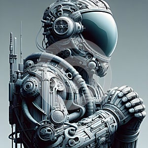 An image of man in a suit and helmet, in the style of cyber punk.