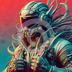 An image of man in a suit and helmet, in the style of cyber punk.