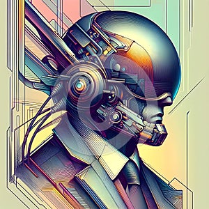 An image of man in a suit and helmet, in the style of cyber punk.