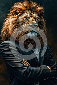 Image of man in suit with lion's head wearing tie. Generative AI