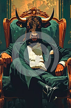 Image of man in suit and top hat sitting on ornate chair with bull horns on his head. Generative AI