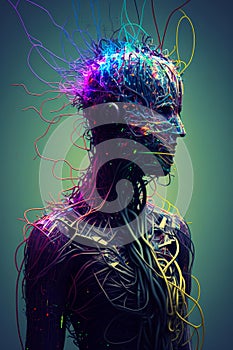 An image of man with wires coming out of his head. Generative AI