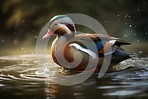 Image of a mandarin ducks are playing in the pond. Wildlife. Animals. illustration, generative AI