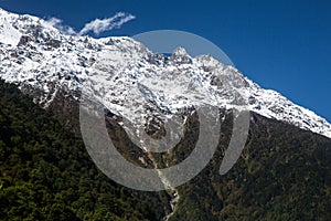 Image of Mansiri Himal range on the Annapurna circuit trek in Nepal. Amazing views of Snow capped peaks of Himalayas.