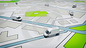 Trucks on a road city map. Concept of global shipment and GPS tracking photo