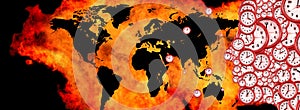 image of a map of the world surrounded on all sides by a raging flame. Silhouette of a man consisting of watch dials