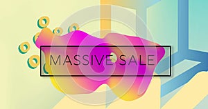 Image of massive sale text in black frame, pink splodge and retro blue and yellow shapes photo