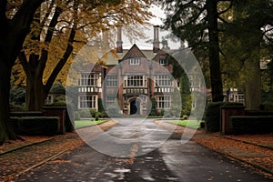 image of a massive tudor mansion with a long, tree-lined driveway