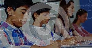 Image of math formulas moving over class of diverse pupils learning at school
