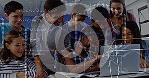 Image of math formulas moving over happy diverse pupils working on laptop