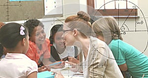 Image of math formulas over diverse pupils and female teacher learning at school