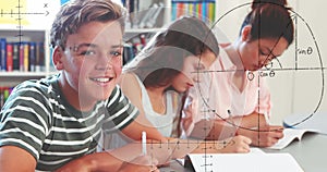 Image of math formulas over diverse pupils learning at school