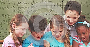 Image of math formulas over diverse pupils at school