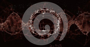 Image of mathematical data processing over human brain on black background