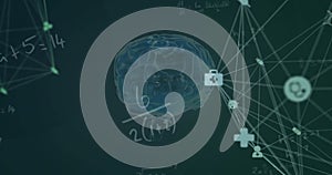 Image of mathematical data processing over human brain and globe with connections