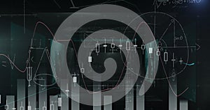 Image of mathematical equations and bar graphs against screens with data processing