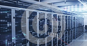 Image of mathematical equations and data processing against empty computer server room