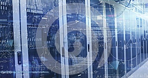 Image of mathematical equations and data processing over computer servers