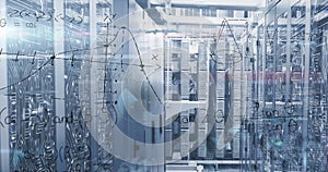 Image of mathematical equations and data processing over server room