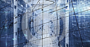 Image of mathematical equations and data processing over server room