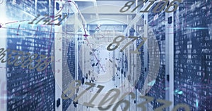 Image of mathematical equations and data processing over server room