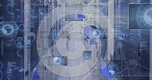 Image of mathematical equations and data processing over server room