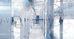 Image of mathematical equations and data processing over server room