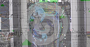 Image of mathematical equations and data processing over server room