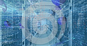 Image of mathematical equations and data processing over server room