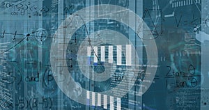 Image of mathematical equations and data processing over server room