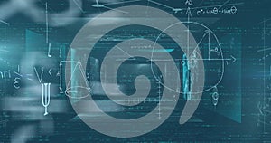 Image of mathematical equations floating over screens with data processing