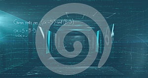 Image of mathematical equations floating over screens with data processing