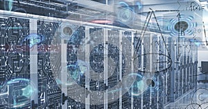 Image of mathematical equations and multiple round scanners against computer server room photo