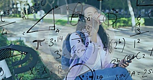 Image of mathematical equations over biracial woman drinking coffee