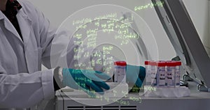 Image of mathematical equations over caucasian doctor with test tubes