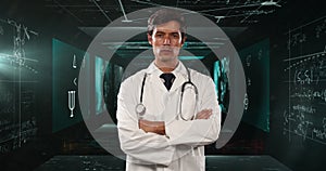 Image of mathematical equations over caucasian male doctor