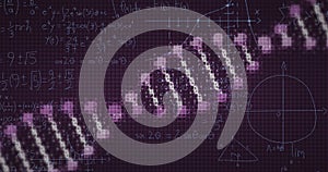 Image of mathematical equations over dna strand on black background