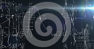 Image of mathematical equations over network of connections on black background