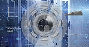 Image of mathematical equations over round scanner and data processing against server room