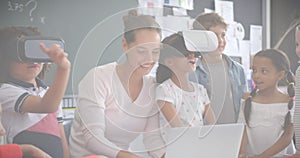 Image of mathematical equations over schoolchildren using vr headsets