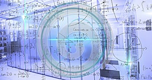 Image of mathematical equations, scope and data processing over computer servers