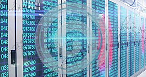 Image of mathematical equations, scope and data processing over computer servers
